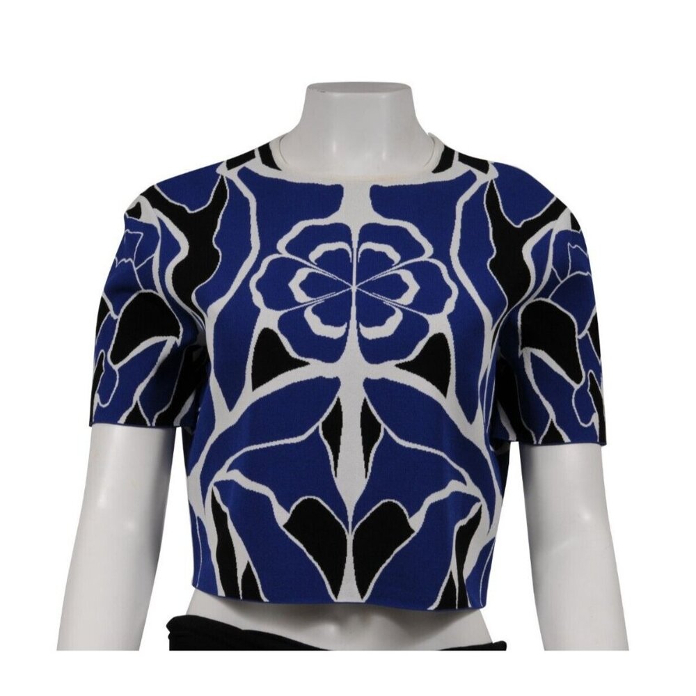 Alexander McQueen Womens Floral Knit Top XXL Blue White Black Viscose Blend